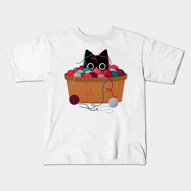 Black Cat in Yarn Basket Kids T-Shirt by StephersMc